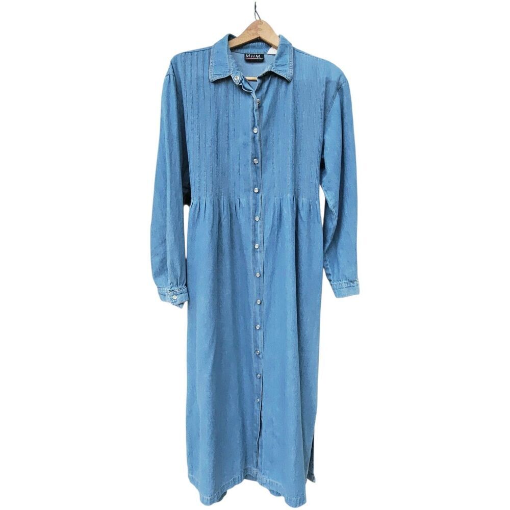 Vtg 90s Chambray Denim Maxi Dress Womens XL Button Front Long Sleeves Pintuck